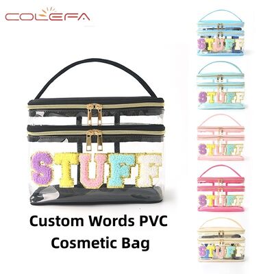 Embroidered Alphabet Storage Pouch PVC Transparent Double-Layer Makeup Bag Travel Toiletry Large Capacity Cosmetic Case
