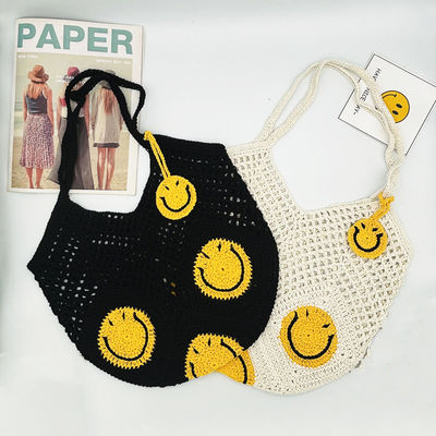Smiley Face Openwork Cotton Yarn Knit Bag Summer Large Capacity Women's Tote Bag Vacation Crochet Single-Shoulder Mesh Tote