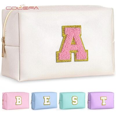 26 Embroidered Letter PU Leather Made Cosmetic Toiletry Bag Large Capacity Octagonal Travel Organizer Makeup Clutch
