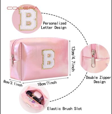 Pearlescent PU Leather Embroidered Letter Makeup Bag Large Capacity Toiletry Bag Travel Daily Organizer Clutch Cosmetic Bags