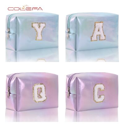 Pearlescent PU Leather Embroidered Letter Makeup Bag Large Capacity Toiletry Bag Travel Daily Organizer Clutch Cosmetic Bags