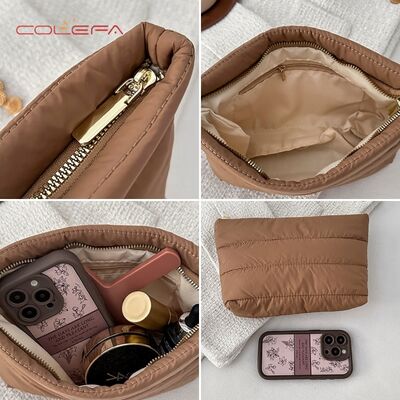 2026 Solid-Color Minimalist Nylon+Cotton-Filled Small Square Cosmetic Bag New Korean Style Fashionable Casual Bag Stylish Commuting Clutch