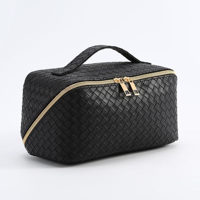 Korean-Style Fashion Large Capacity Makeup Bag High-Quality PU Leather Woven Storage Pouch Multifunctional Cosmetic Bag
