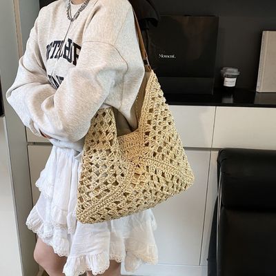 Customizable New Crocheted khaki Beach Bag for Vacation Beach-Ready Straw Tote Versatile Single Shoulder Crochet Bags