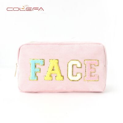 Customizable Embroidered Letter Storage Pouch Corduroy Made Cosmetic Bag Portable Toiletry Large Capacity Makeup Bags