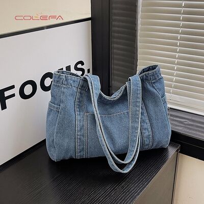 Denim Tote Bag 2026 New Korean Style Fashionable Casual Shoulder Bag Large Capacity Literary Style Commuting Tote Bags with LOGO