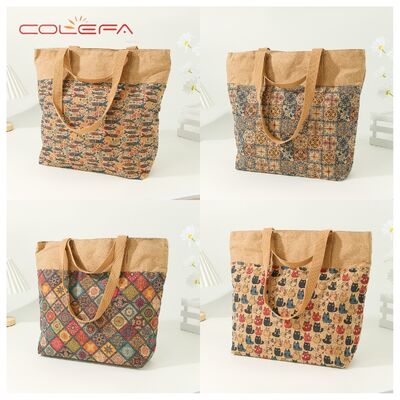 2026 New Trends European Cork Bark Shoulder Tote Bag with Ethnic-Style Printed Tote Bag Eco-Friendly with LOGO